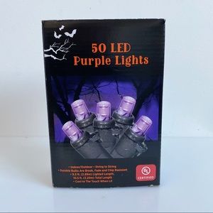 String of 50 purple LED lights. Indoor or outdoor. String to string.